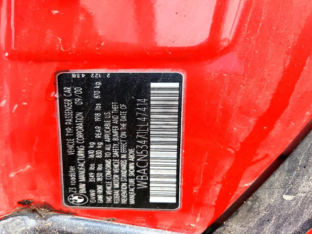 2001 BMW Z3 VIN WBACN53471LL47414 photo 12
