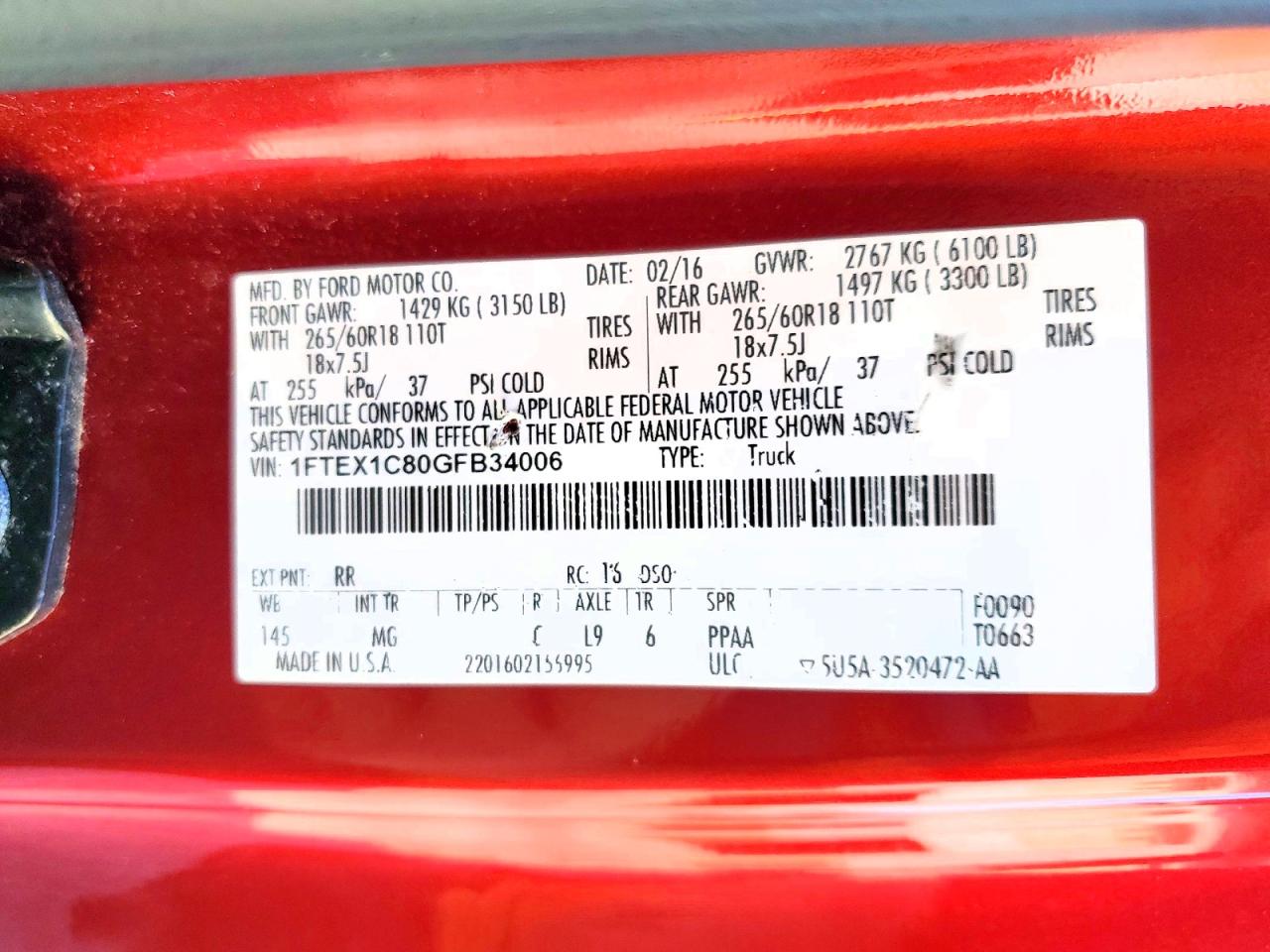 2016 Ford F150 VIN 1FTEX1C80GFB34006 photo 12