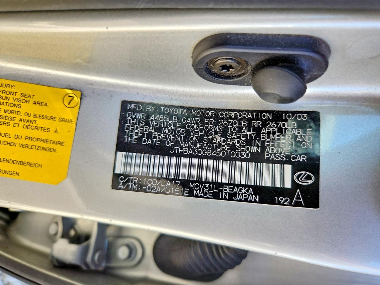 2004 Lexus Es330 VIN JTHBA30G845010030 photo 12