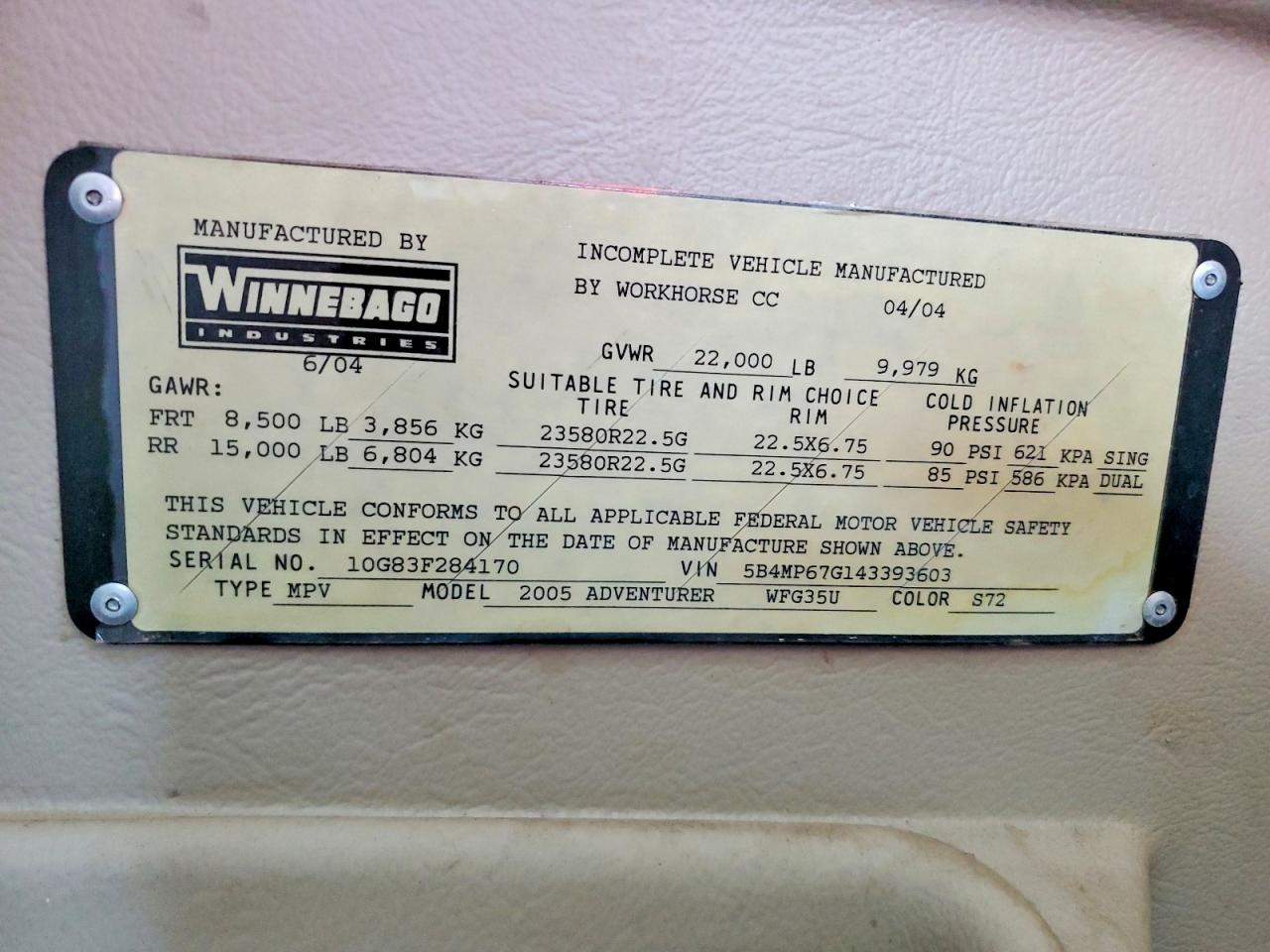 2005 WINNEBAGO All models VIN 5B4MP67G143393603 photo 10
