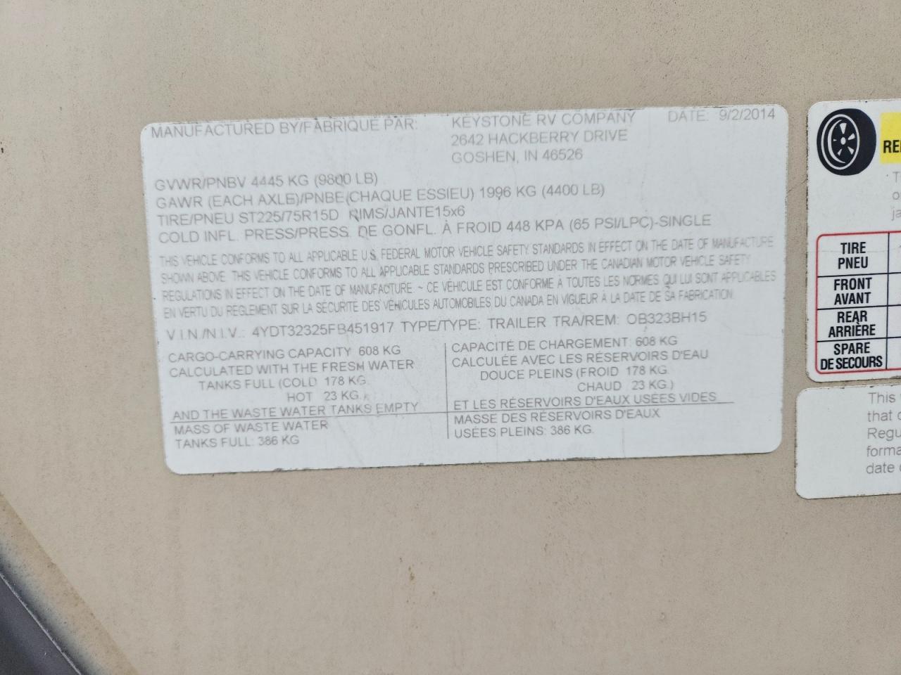 2015 KEYSTONE Outback se VIN 4YDT32325FB451917 photo 10