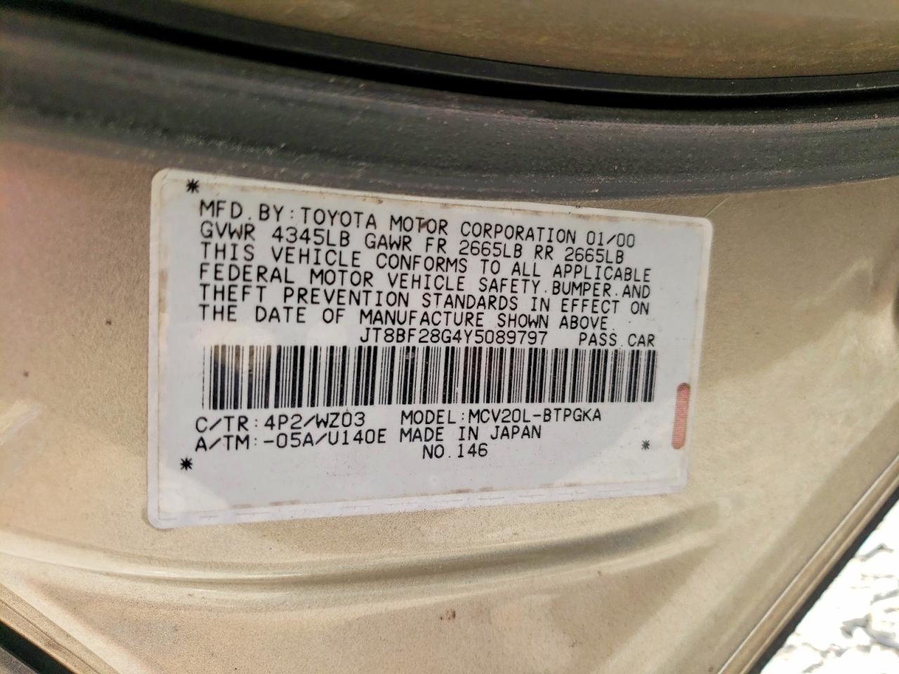 2000 Lexus Es300 VIN JT8BF28G4Y5089797 photo 12