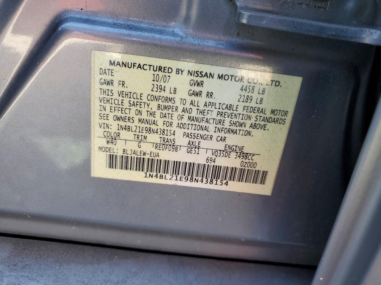 2008 NISS Altima VIN 1N4BL21E98N438154 photo 12