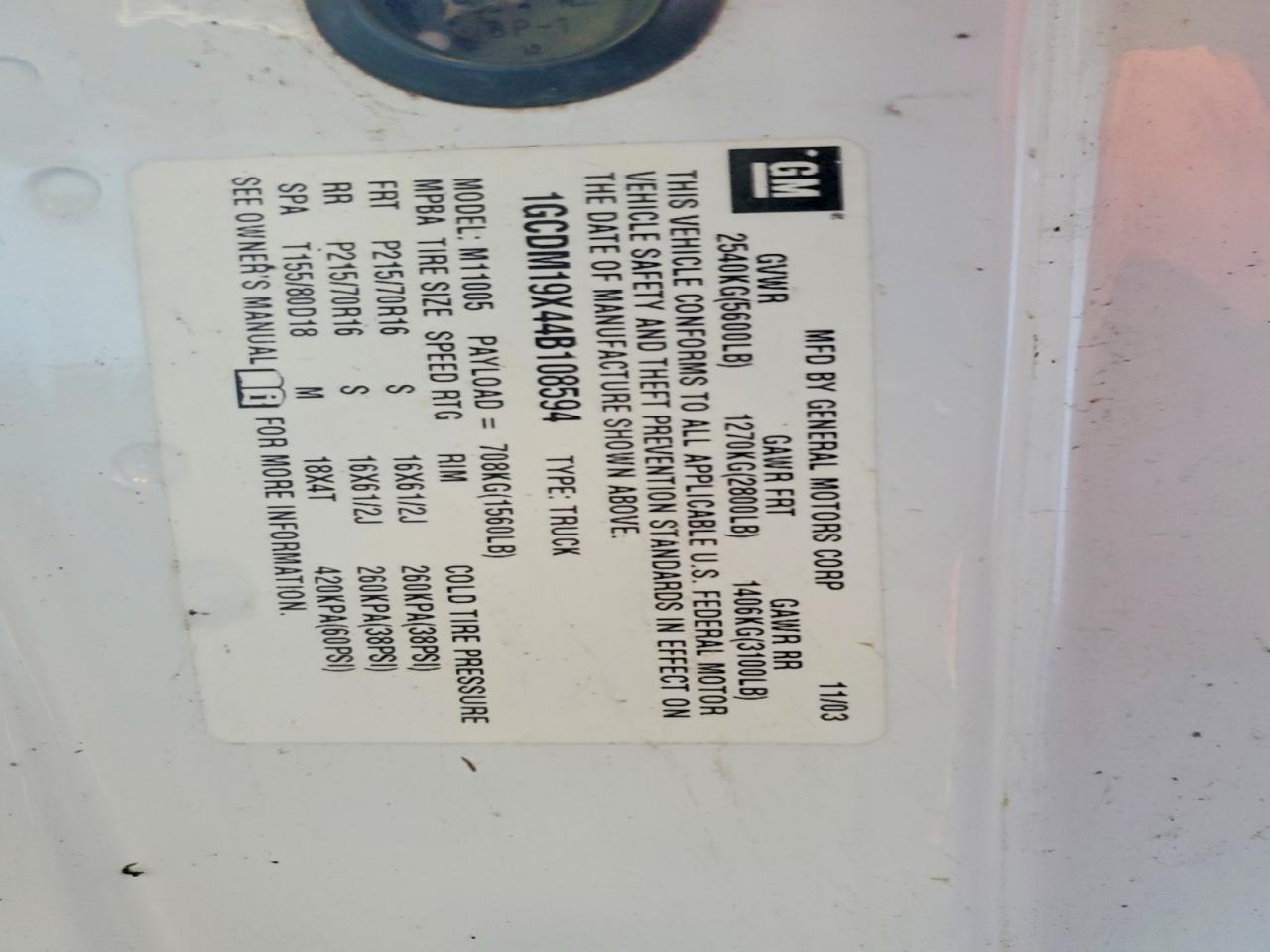 2004 CHEV Astro VIN 1GCDM19X44B108594 photo 12