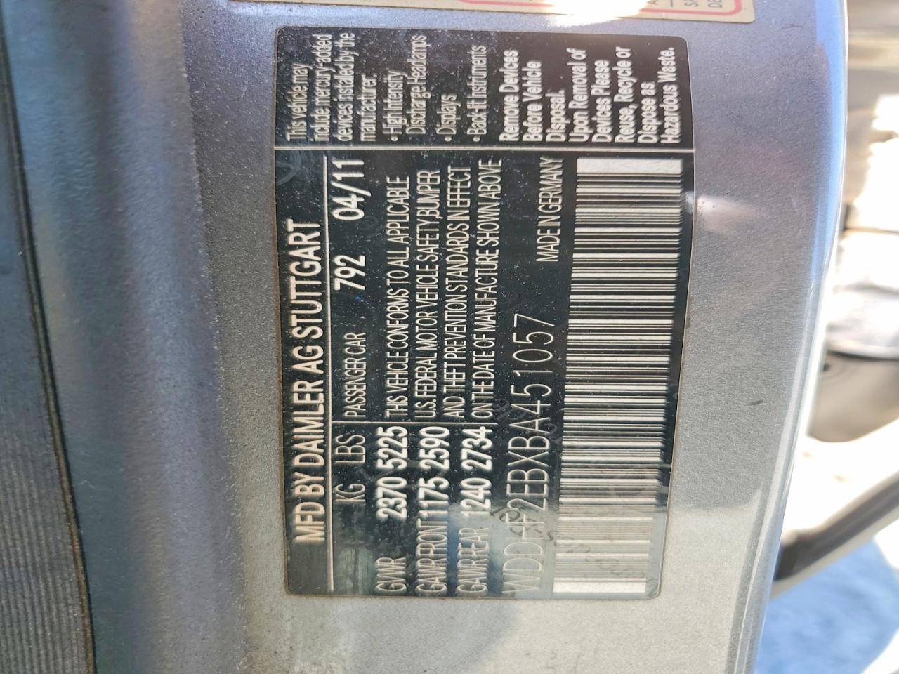 2011 Mercedes-Benz E-class VIN WDDHF2EBXBA451057 photo 12
