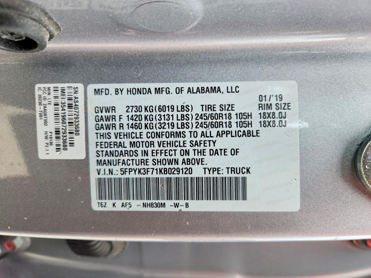 2019 Ridgeline VIN 5FPYK3F71KB029120 photo 12