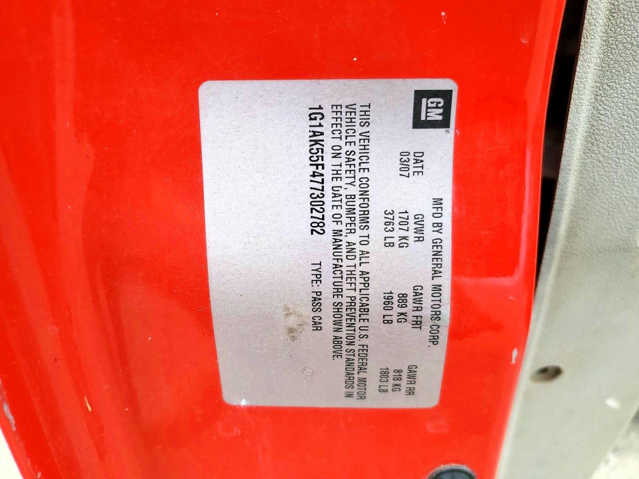 2007 Chevrolet Cobalt VIN 1G1AK55F477302782 photo 12