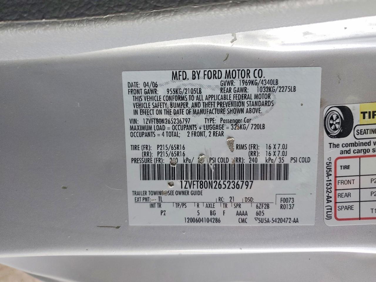 2006 Ford Mustang VIN 1ZVFT80N265236797 photo 12