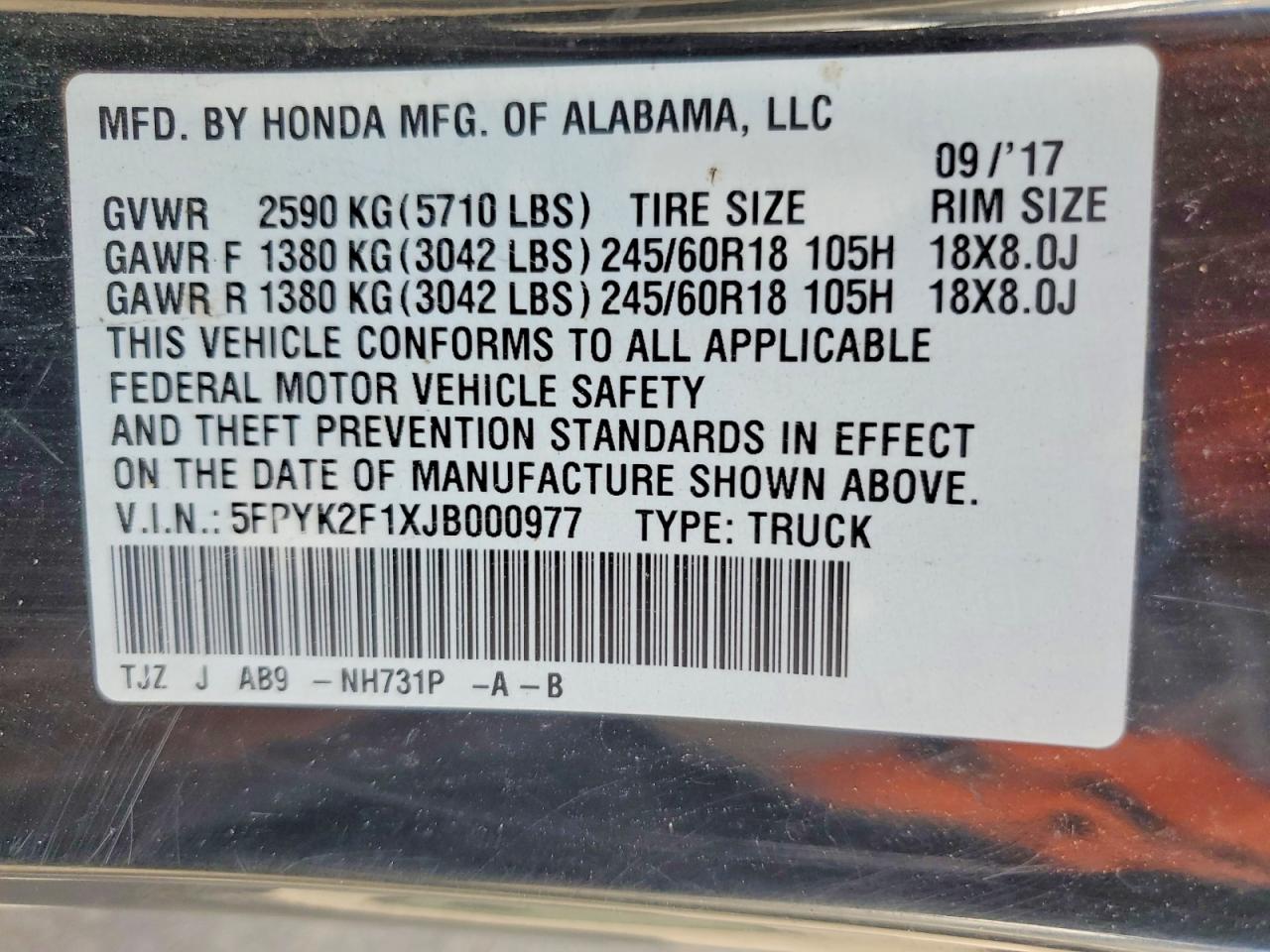 2018 Honda Ridgeline VIN 5FPYK2F1XJB000977 photo 12