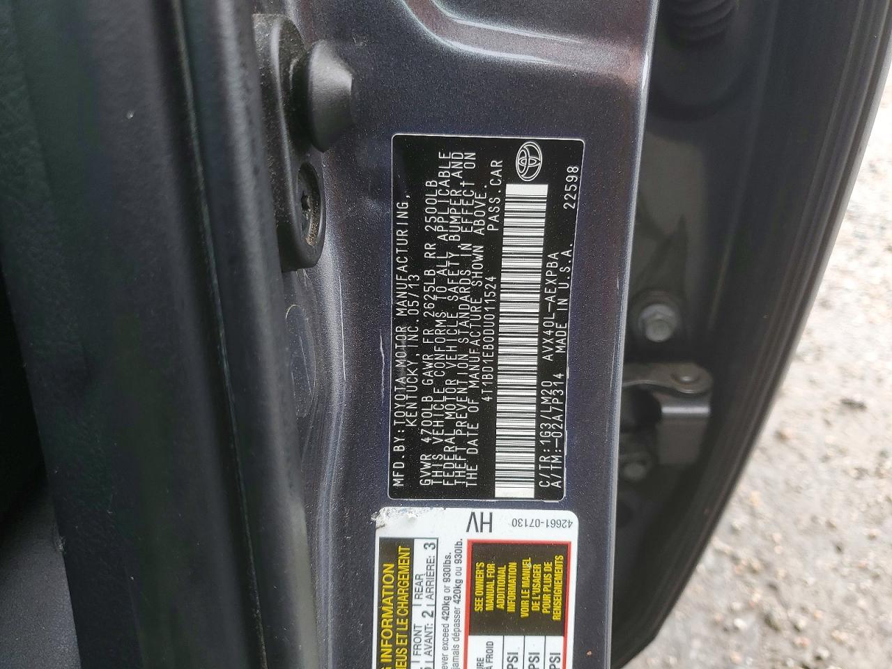 2013 Toyota Avalon VIN 4T1BD1EB0DU011524 photo 12