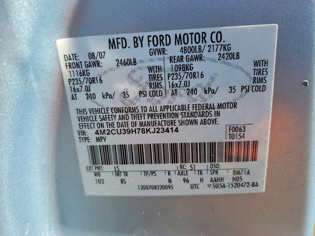 2008 Mercury Mariner VIN 4M2CU39H78KJ23414 photo 12