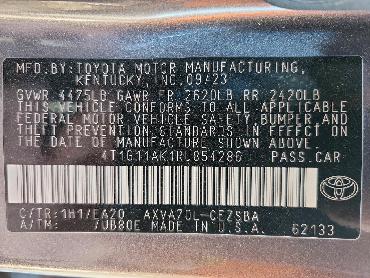 2024 Toyota Camry VIN 4T1G11AK1RU854286 photo 12