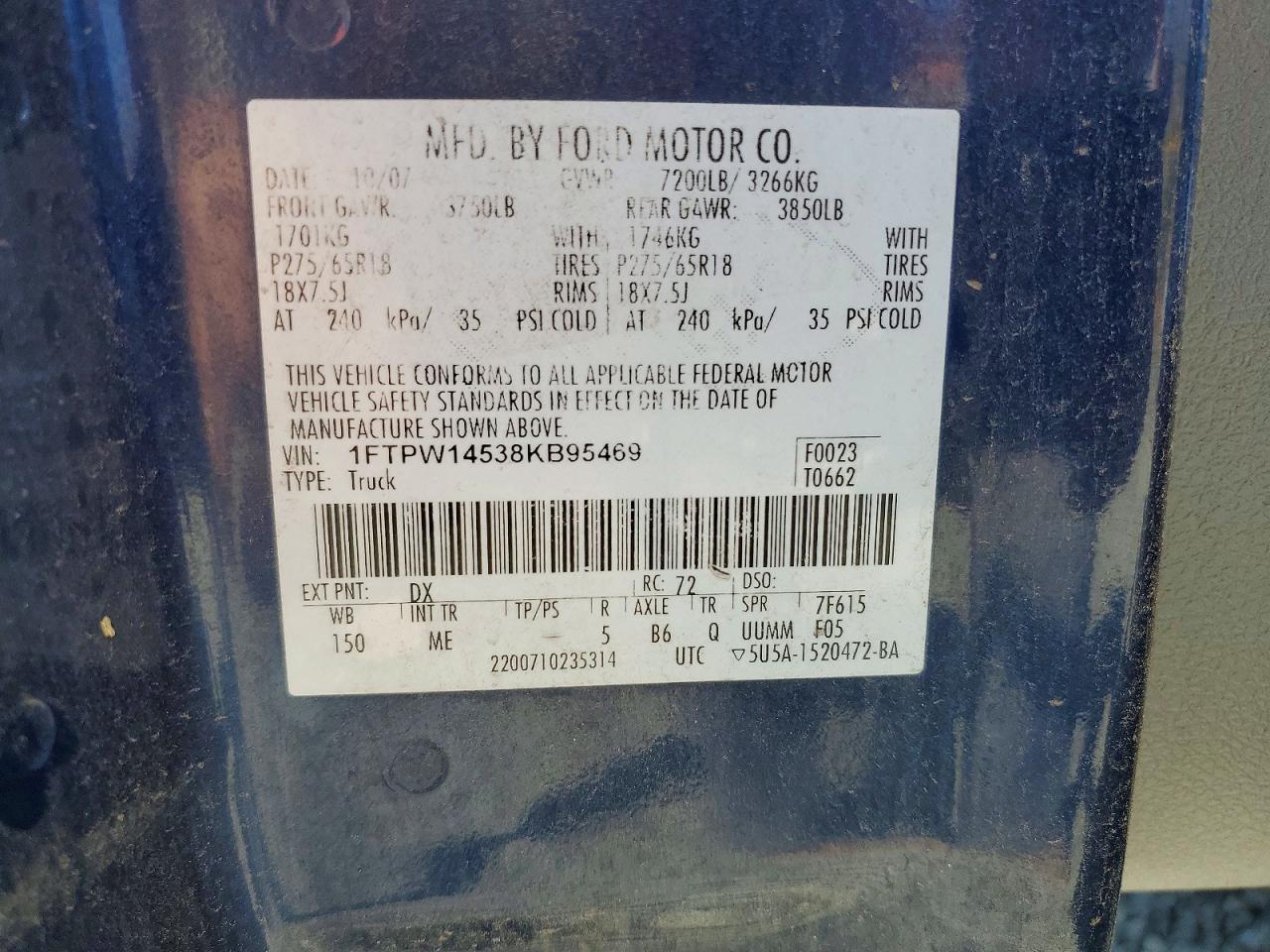 2008 Ford F150 VIN 1FTPW14538KB95469 photo 12
