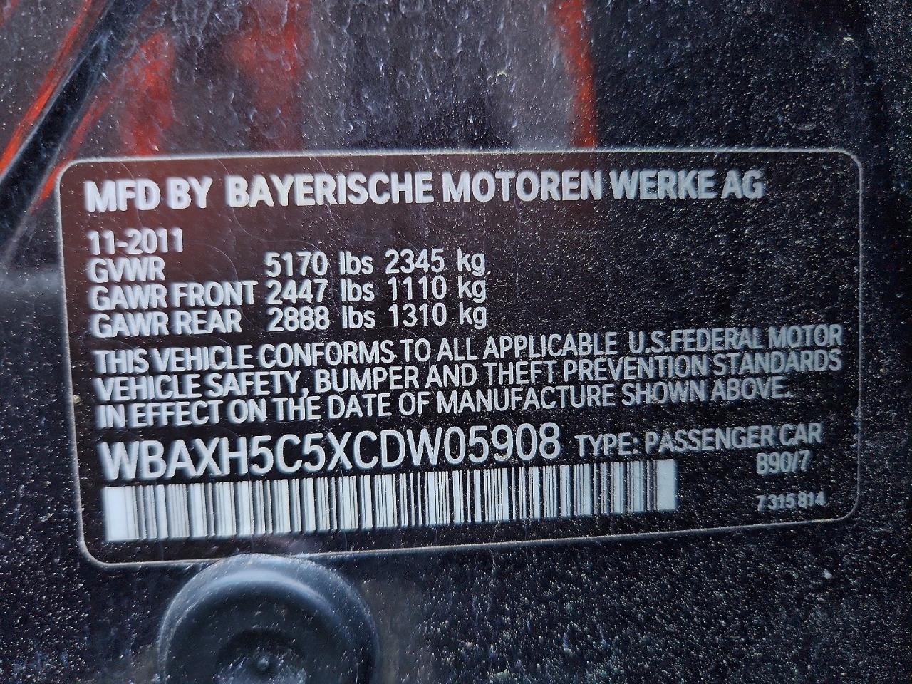2012 BMW 5 series VIN WBAXH5C5XCDW05908 photo 12