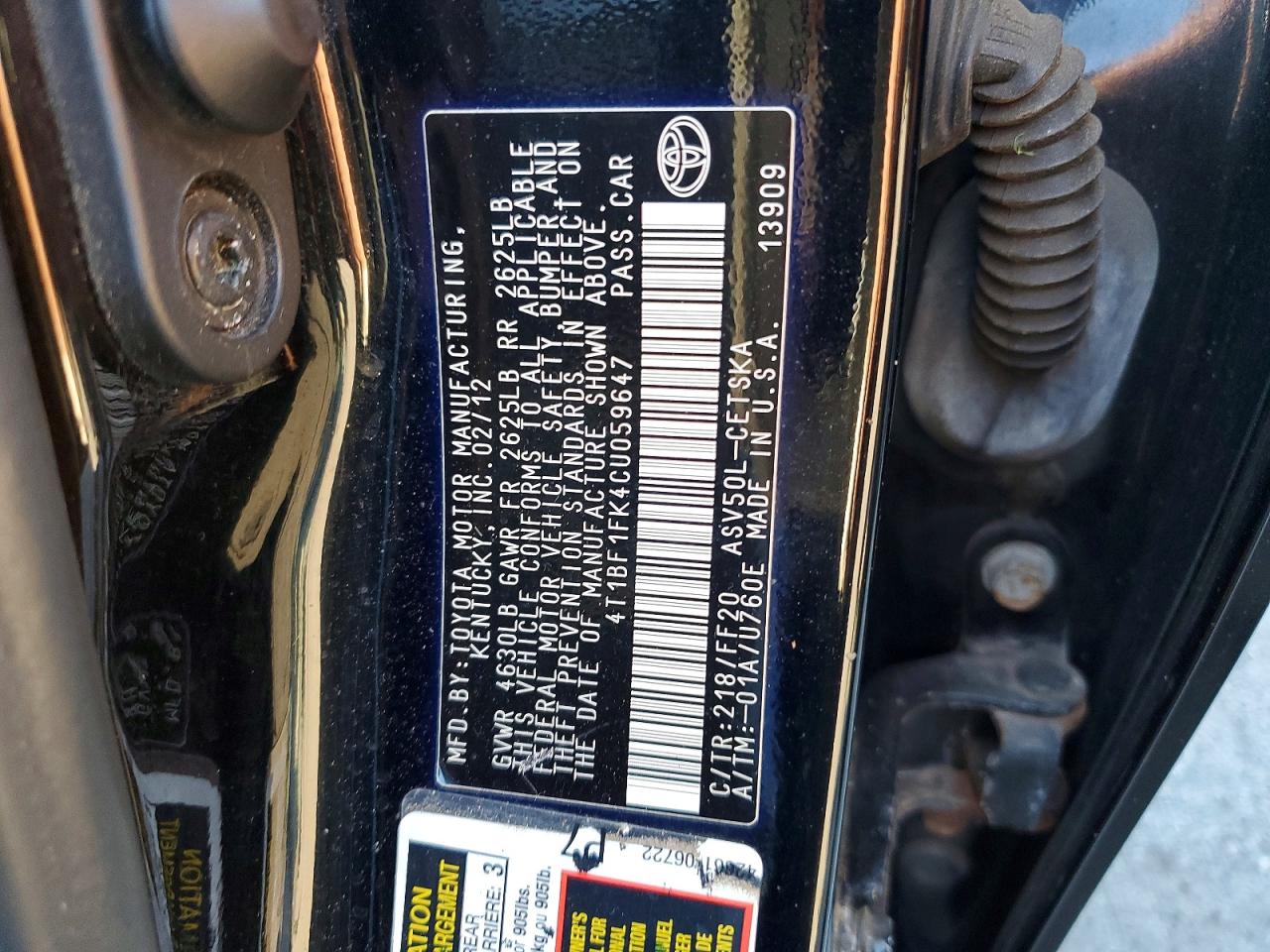 2012 Toyt Camry VIN 4T1BF1FK4CU059647 photo 12