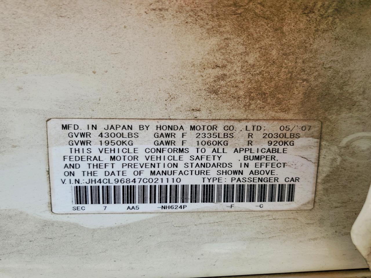 2007 Acura Tsx VIN JH4CL96847C021110 photo 12