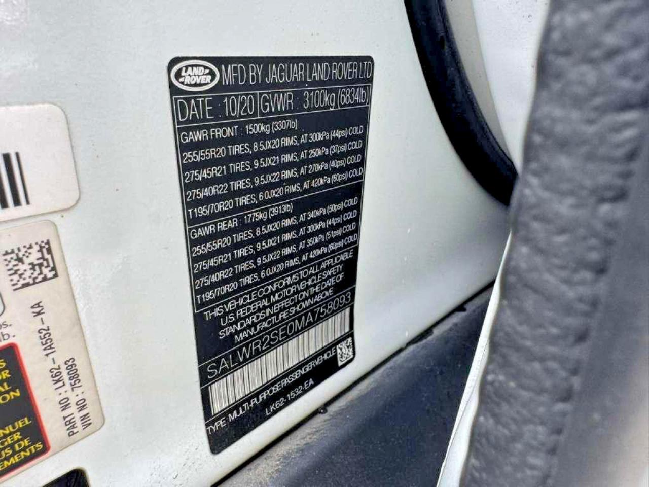 2021 LAND Rangerover VIN SALWR2SE0MA758093 photo 10