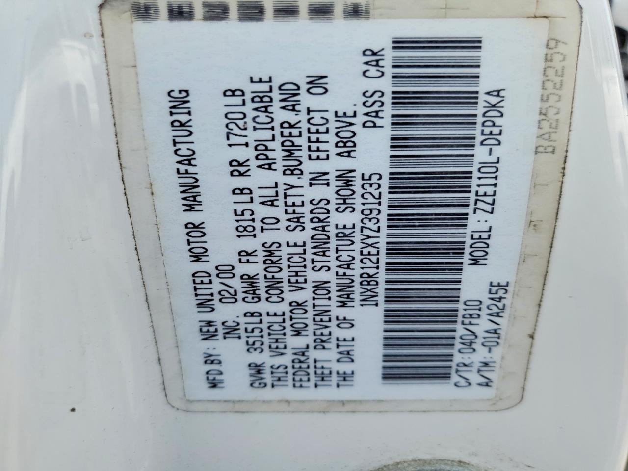 2000 Toyota Corolla VIN 1NXBR12EXYZ391235 photo 12