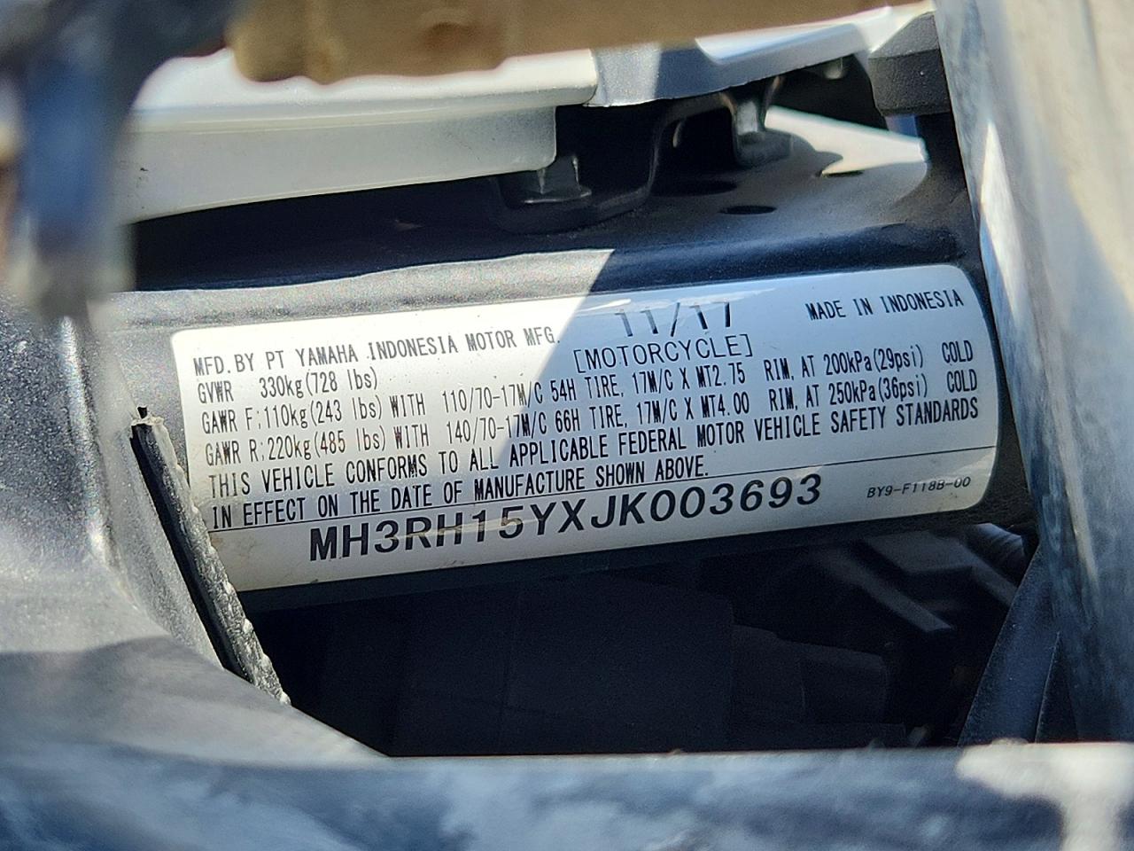 2018 Yamaha Yzf600 VIN MH3RH15YXJK003693 photo 9