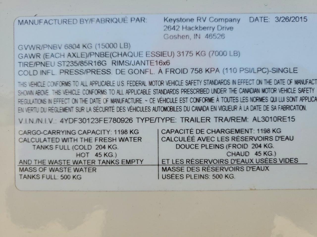 2015 KEYSTONE Alpine 301 VIN 4YDF30123FE780926 photo 10
