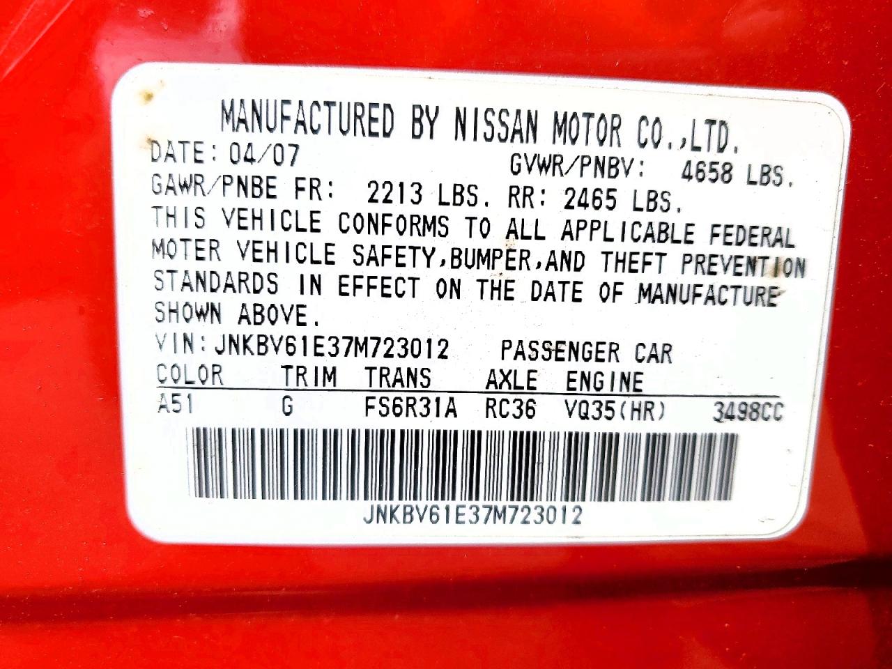 2007 Infiniti G35 VIN JNKBV61E37M723012 photo 12