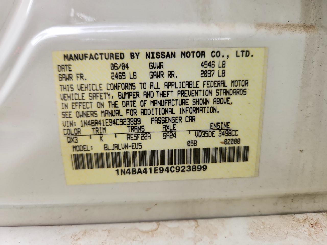 2004 NISSAN Maxima VIN 1N4BA41E94C923899 photo 12