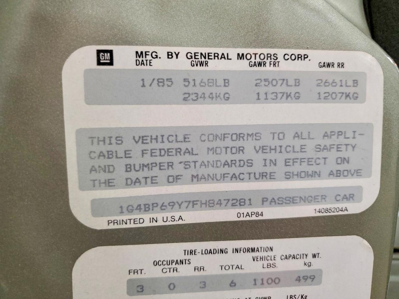 1985 BUIC Lesabre VIN 1G4BP69Y7FH847281 photo 12
