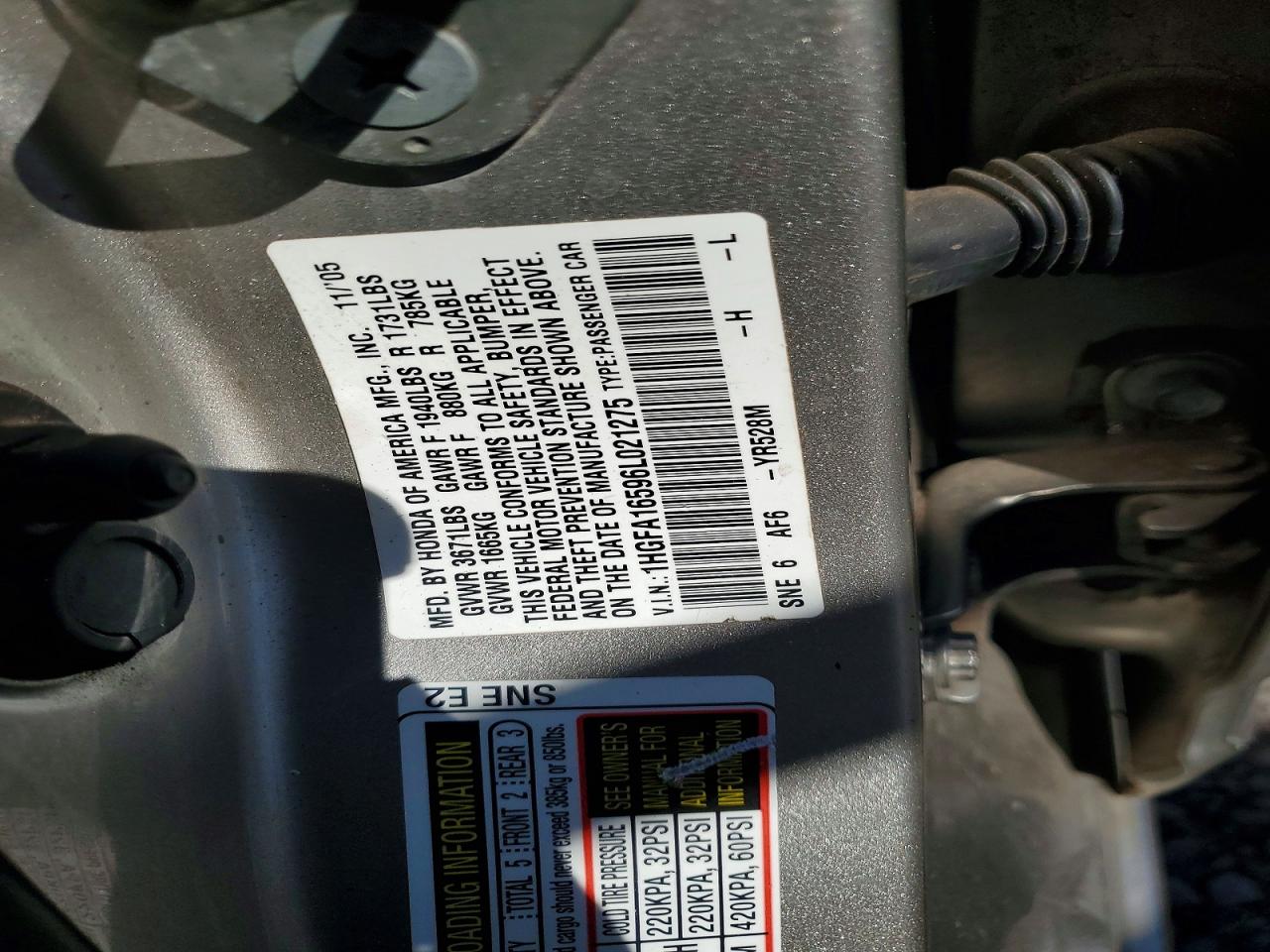 2006 Honda Civic VIN 1HGFA16596L021275 photo 12