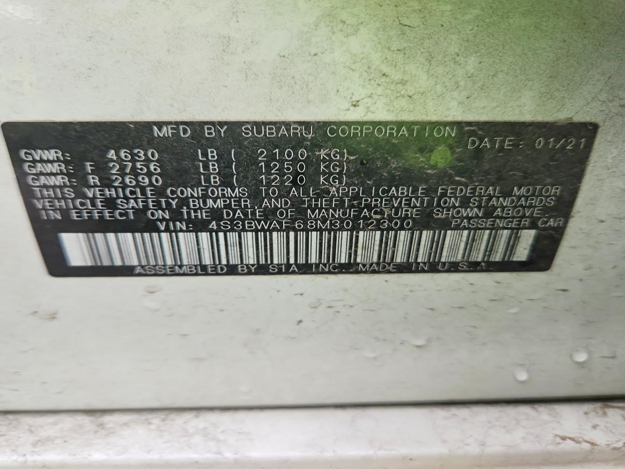 2021 Subaru LEGACY VIN 4S3BWAF68M3012300 photo 12