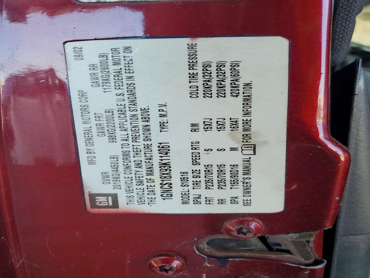 2003 CHEV Blazer VIN 1GNCS18X93K114061 photo 12