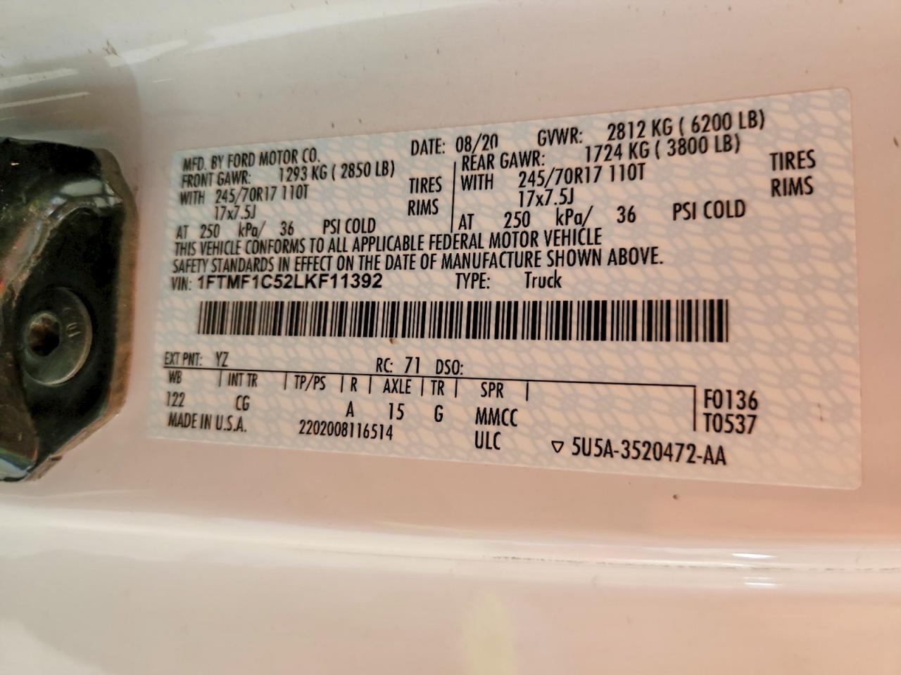 2020 Ford F150 VIN 1FTMF1C52LKF11392 photo 12