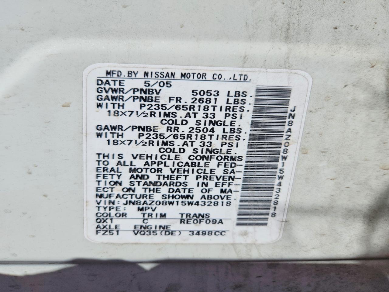 2005 Nissan Murano VIN JN8AZ08W15W432818 photo 12