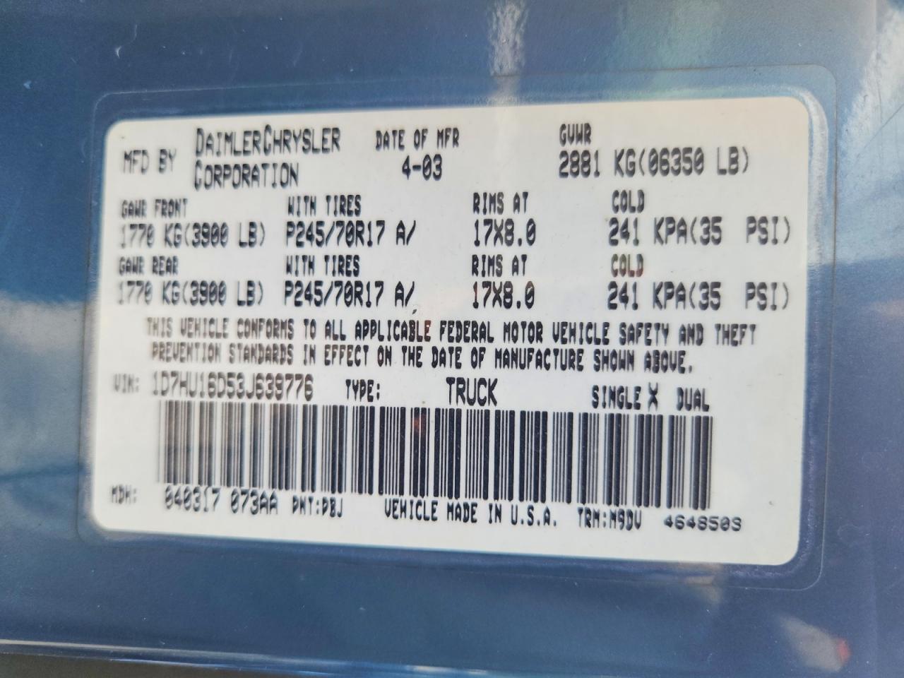 2003 DODG Ram 1500 VIN 1D7HU16D53J639776 photo 12