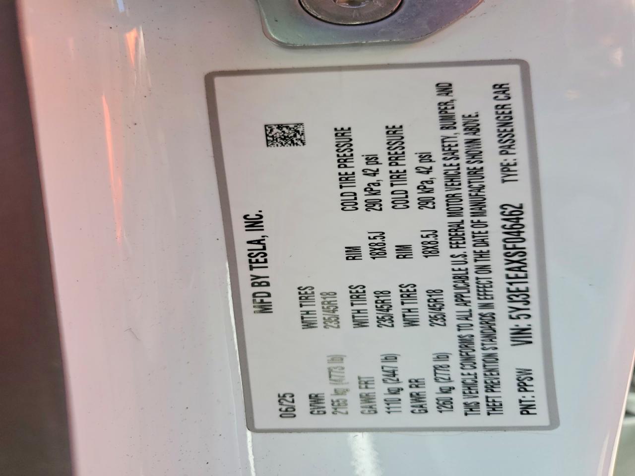 2025 Tesla Model 3 VIN 5YJ3E1EAXSF046462 photo 12