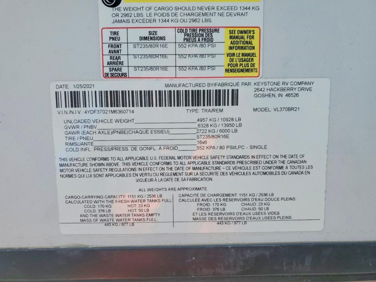 2021 KEYSTONE Trailer VIN 4YDF37021M6360714 photo 10
