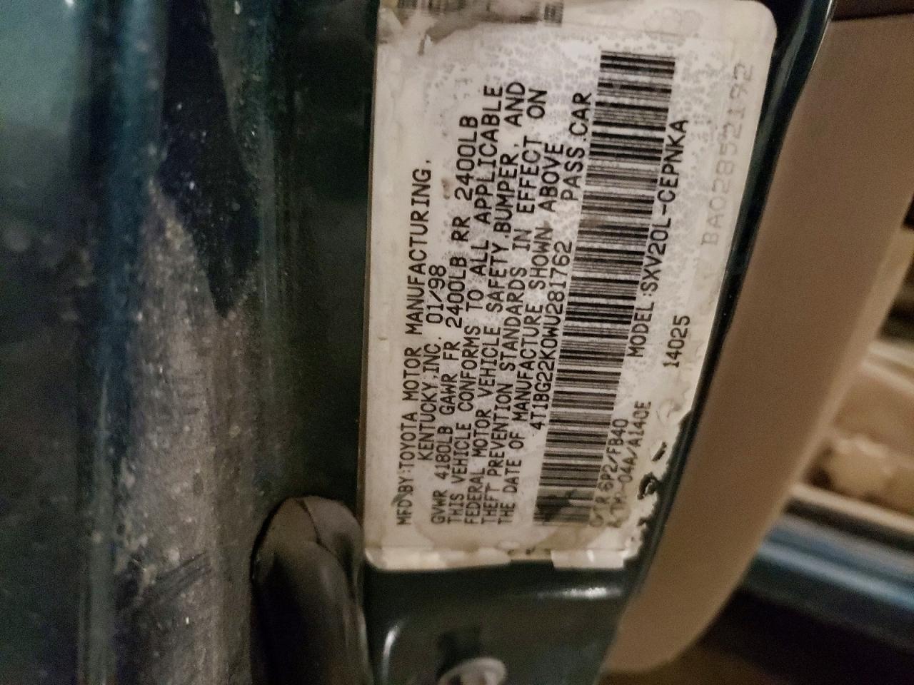 1998 TOYT Camry VIN 4T1BG22K0WU281762 photo 12