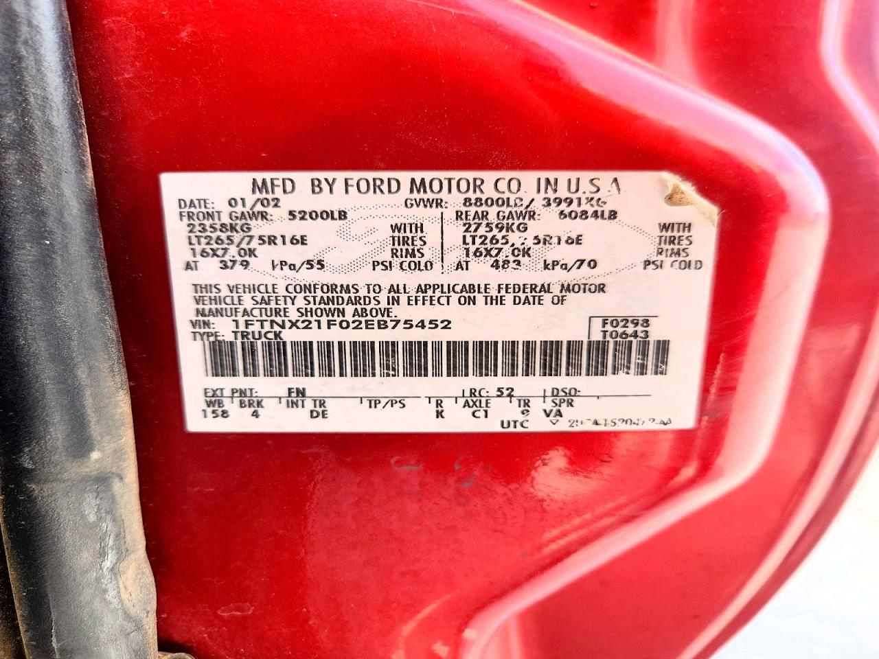 2002 Ford F250 VIN 1FTNX21F02EB75452 photo 12