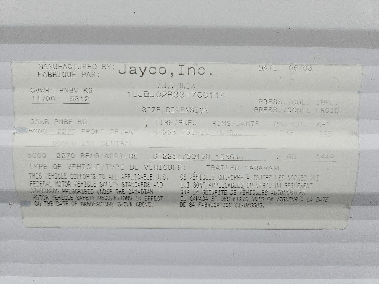 2003 JAYCO All models VIN 1UJBJ02R3317C0114 photo 10