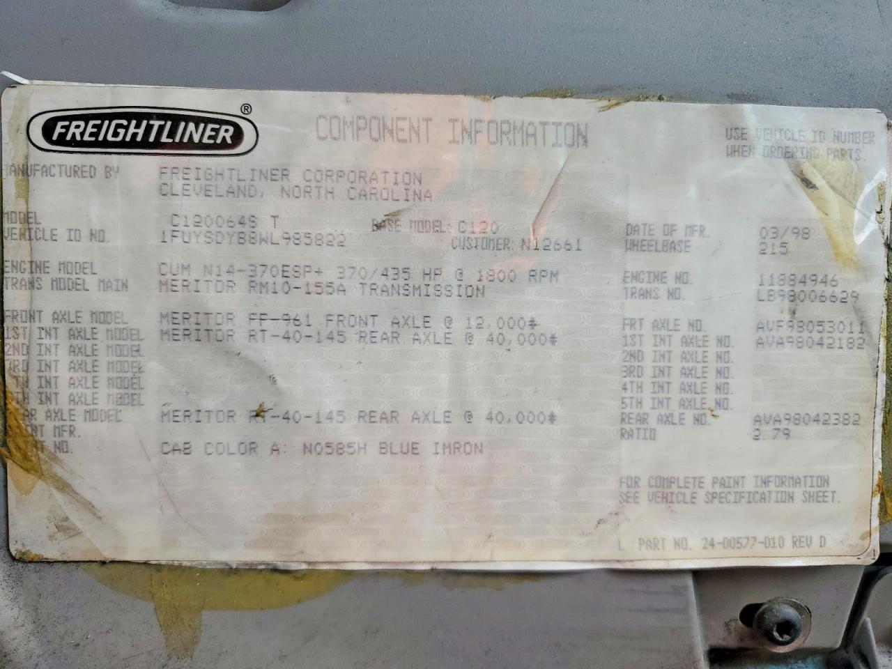 1998 FREIGHTLINER All other VIN 1FUYSDYB8WL985822 photo 10