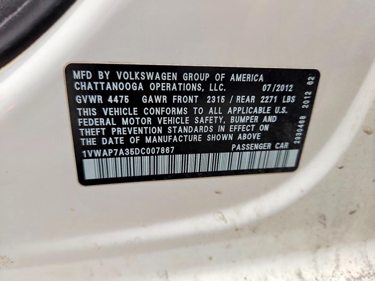 2013 Volkswagen Passat s VIN 1VWAP7A35DC007867 photo 12