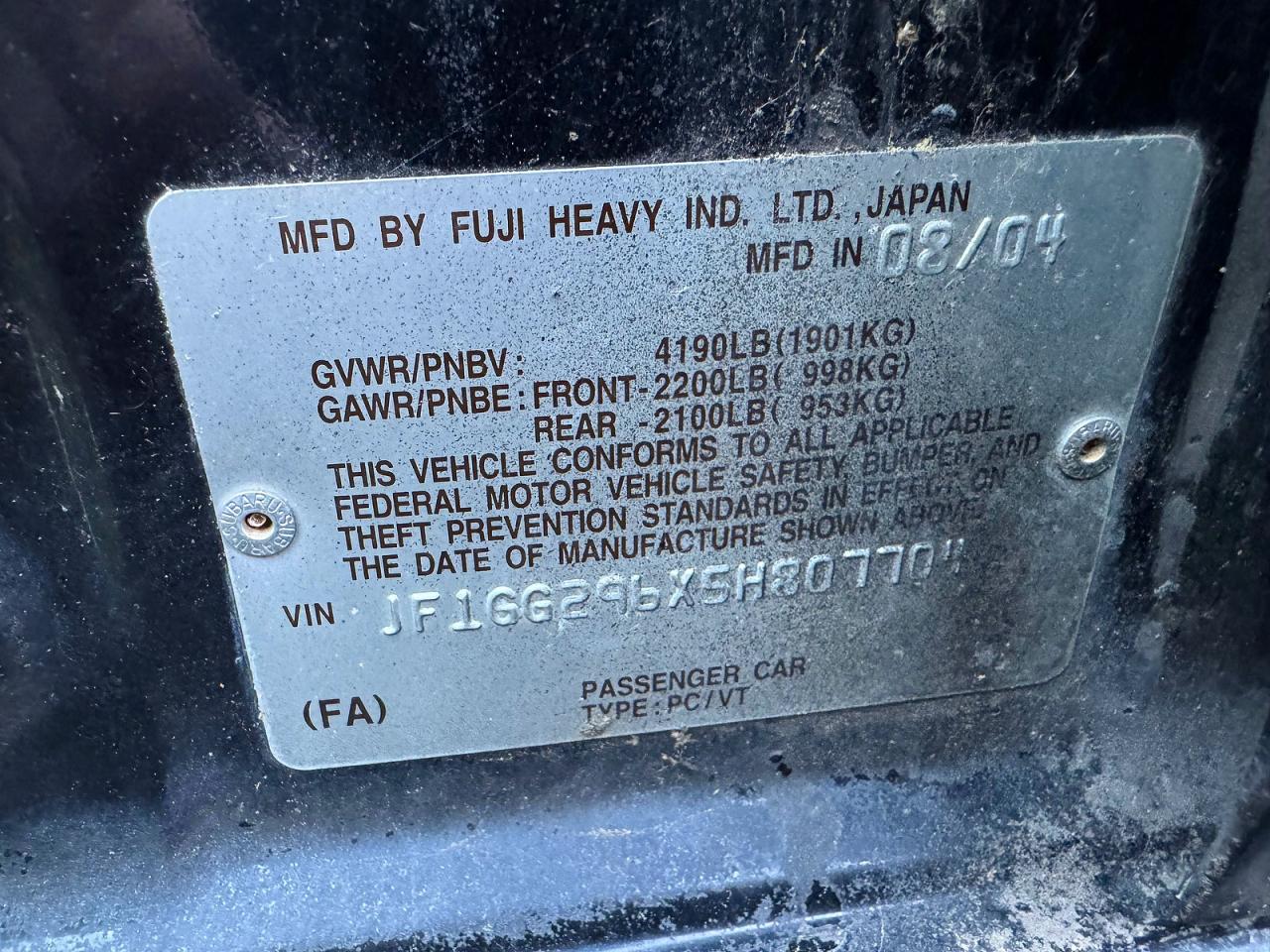 2005 Subaru Wrx VIN JF1GG296X5H807704 photo 10