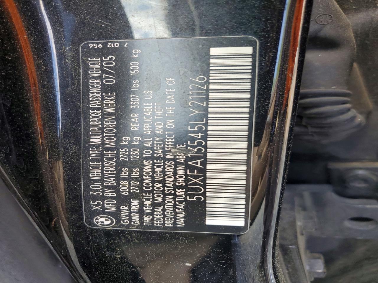 2005 BMW X5 VIN 5UXFA13545LY21126 photo 12