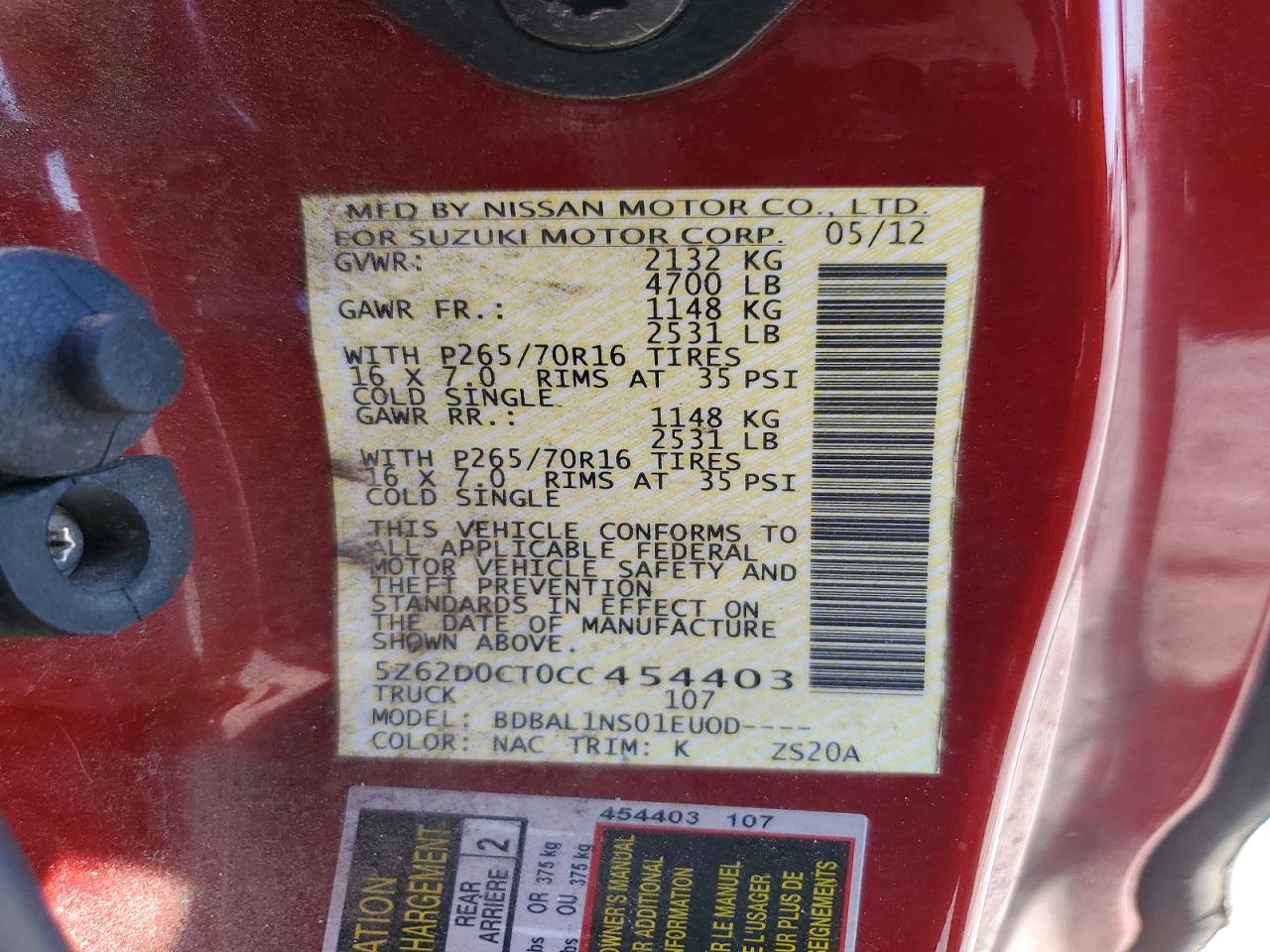 2012 Suzuki Equator VIN 5Z62D0CT0CC454403 photo 12