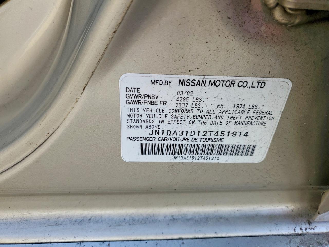 2002 Nissan Maxima VIN JN1DA31D12T451914 photo 12