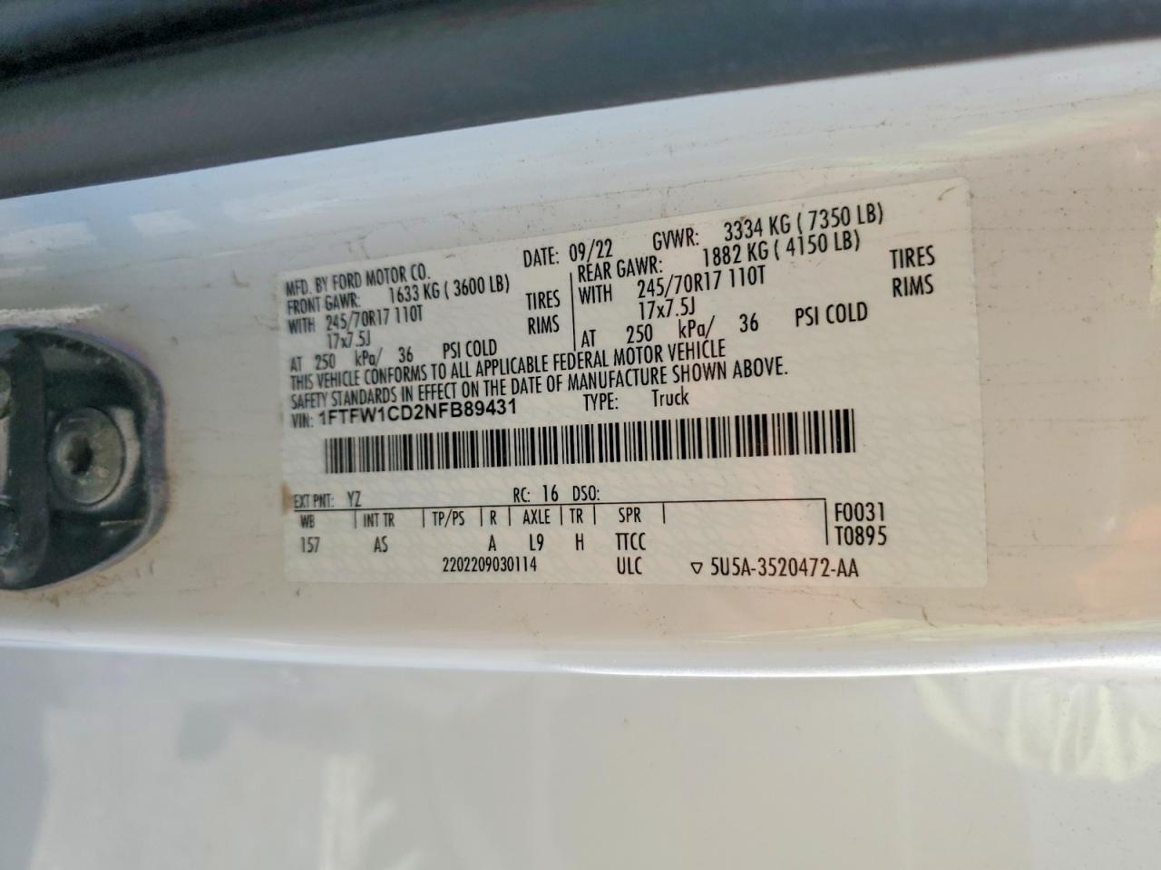 2022 Ford F-150 VIN 1FTFW1CD2NFB89431 photo 12