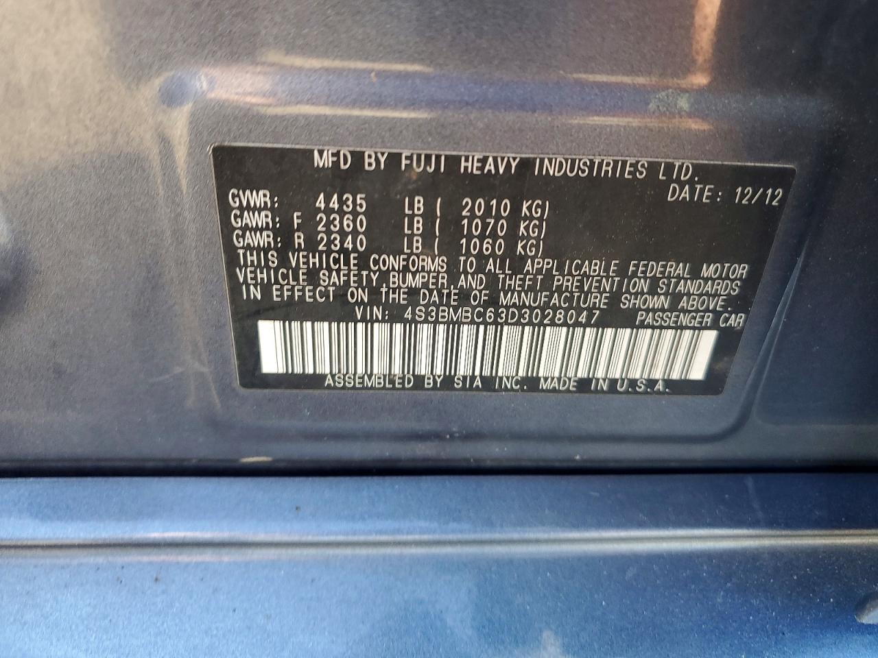 2013 Subaru LEGACY VIN 4S3BMBC63D3028047 photo 12
