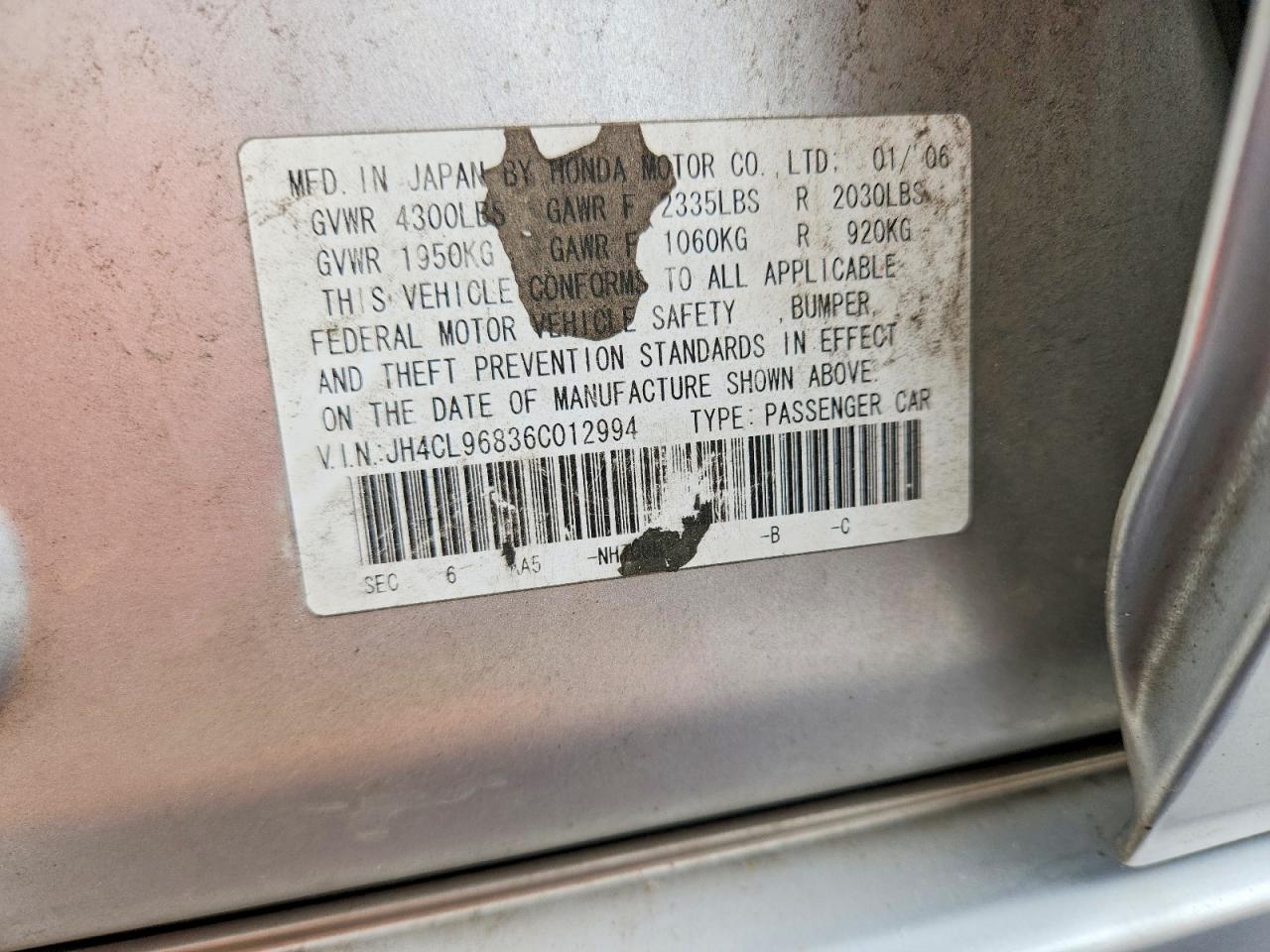 2006 Acura Tsx VIN JH4CL96836C012994 photo 12
