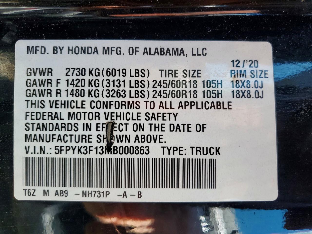 2021 Honda Ridgeline VIN 5FPYK3F13MB000863 photo 12