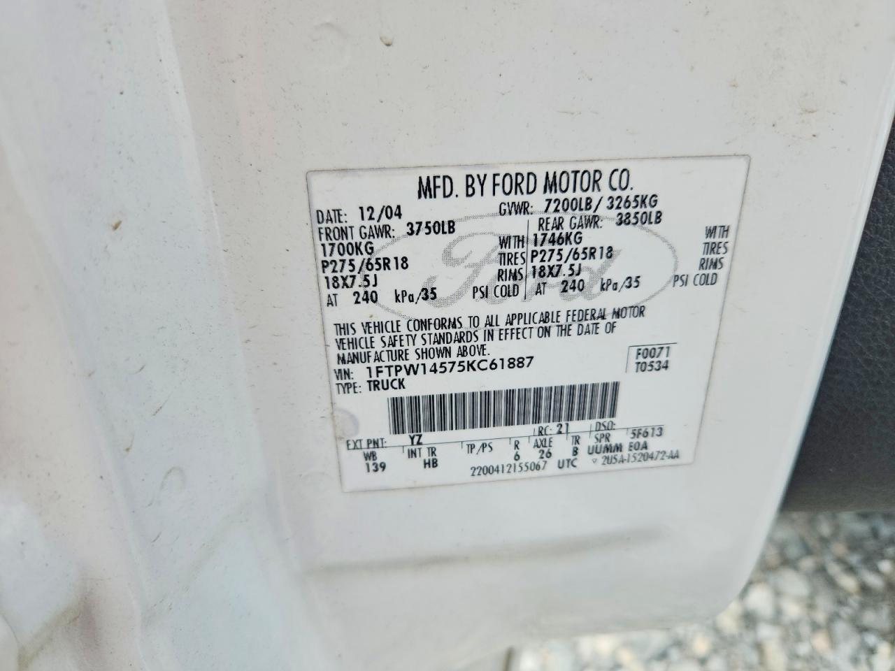 2005 Ford F150 VIN 1FTPW14575KC61887 photo 12