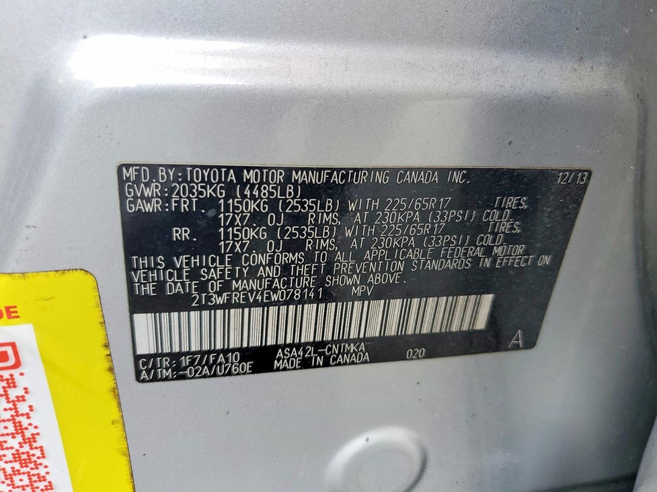 2014 Toyota Rav4 VIN 2T3WFREV4EW078141 photo 12